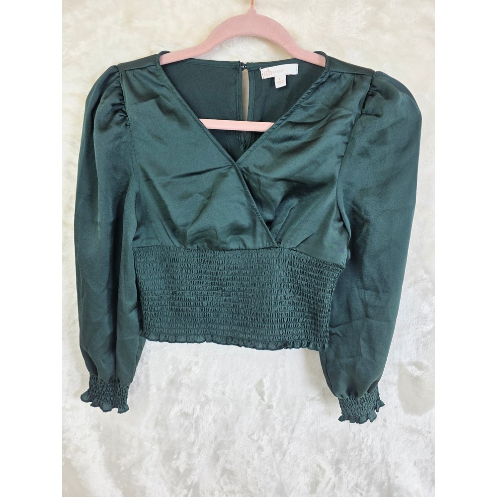 GB Girls Dark Green Satin Smocked Waist Long Sleeve Blouse Top Large GG2052DCS1